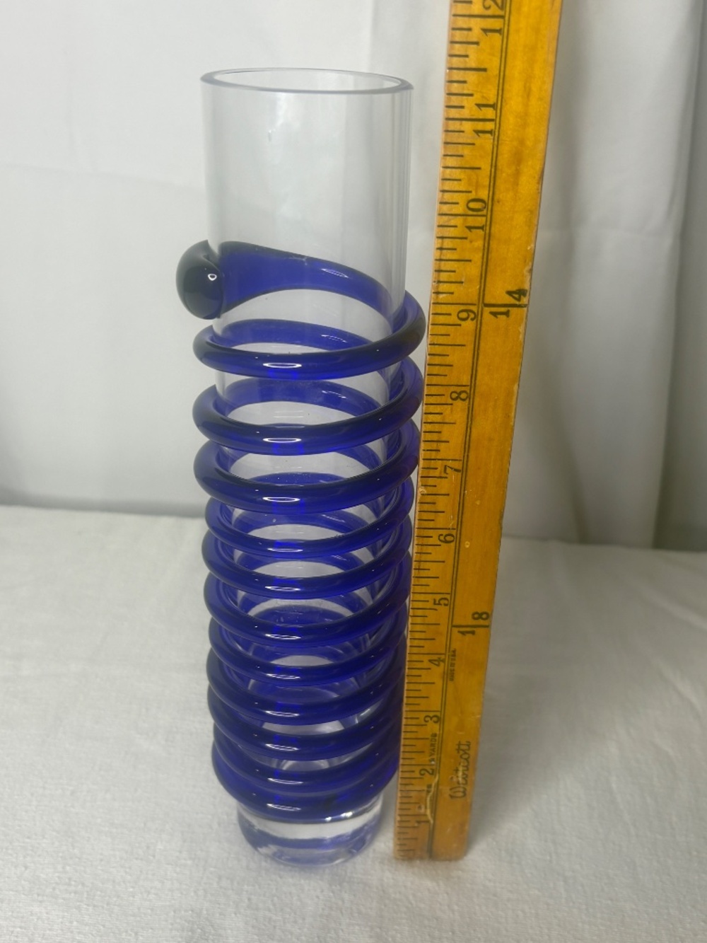 Modernist Art Glass Vase Cold Cut Rim Cobalt Spiral Ribbon MCM 11.5" - Picture 7 of 7